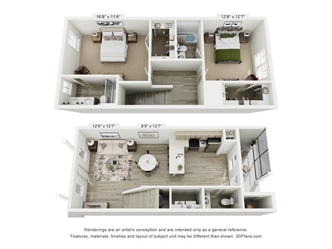 Floor plan for 2 beds, 2.5 baths, 1269 sqft